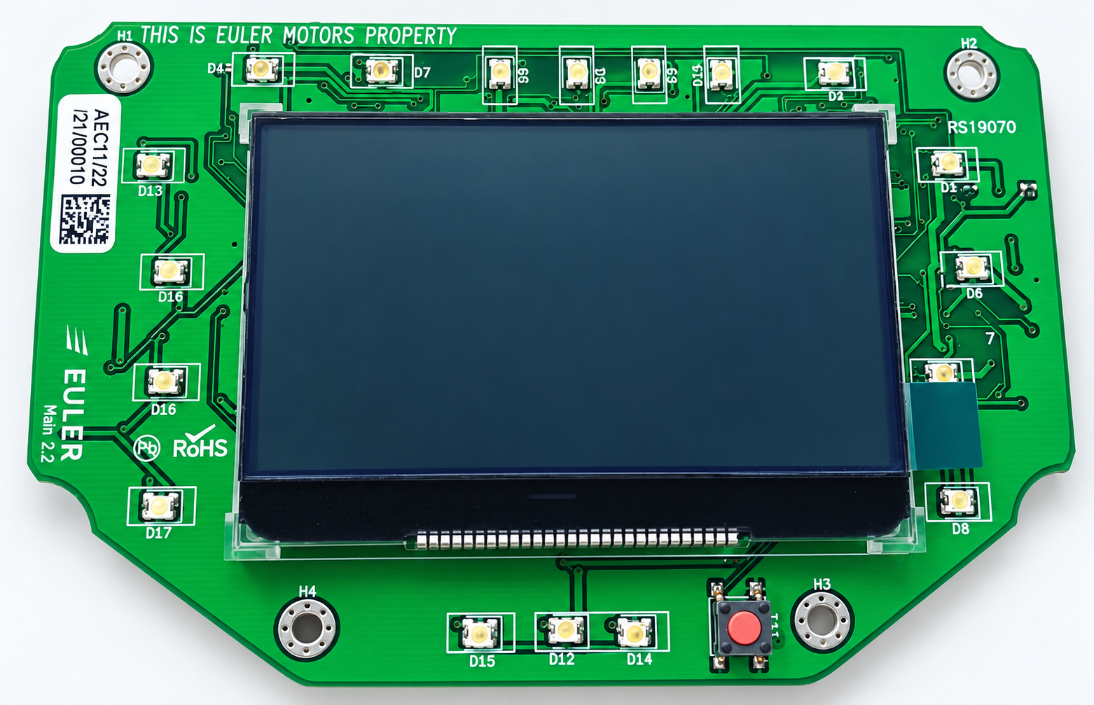 Front view of the Euler Motors three-wheel vehicle instrument cluster PCB and display