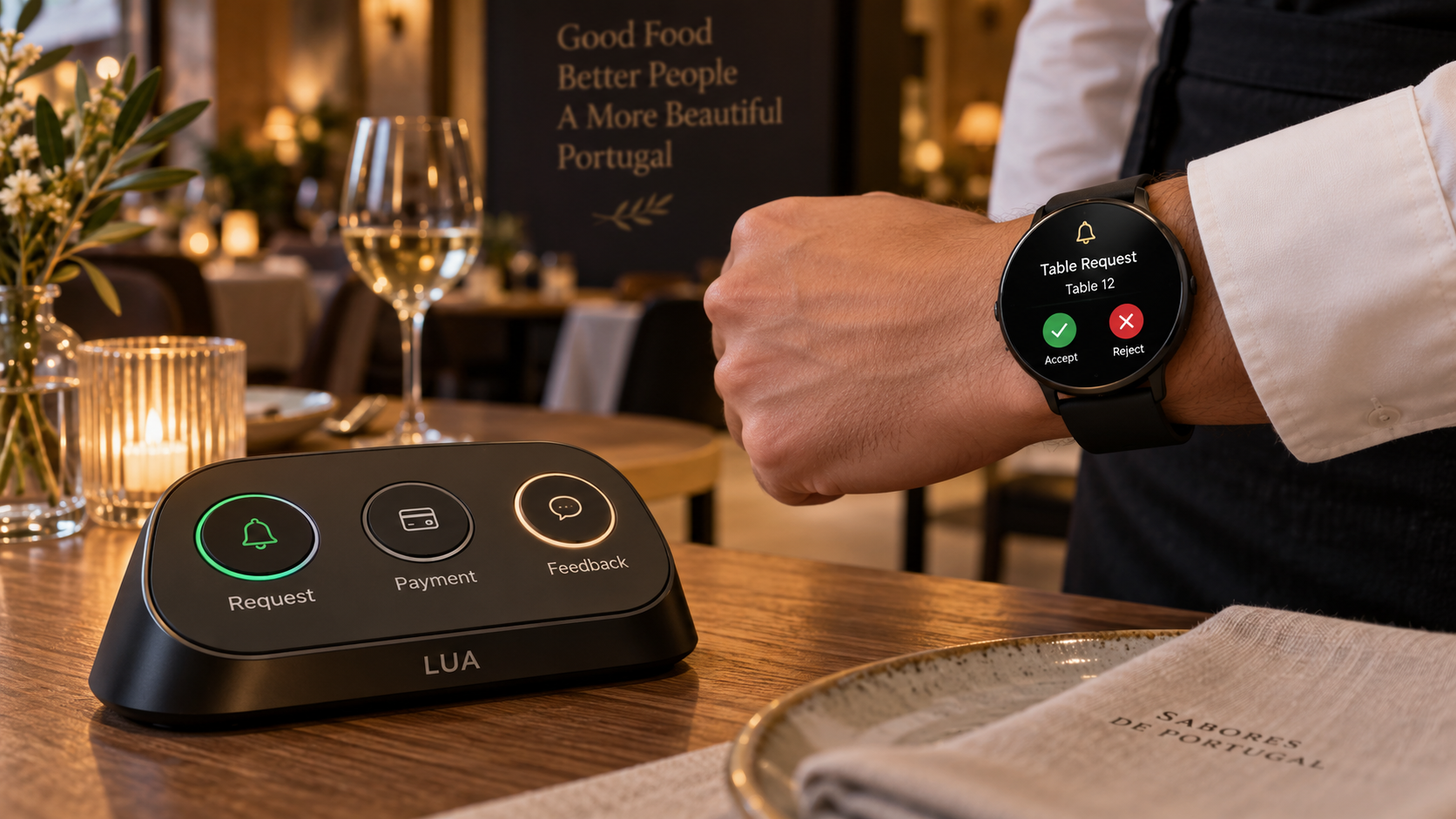 Lua restaurant table request device with Request, Payment and Feedback buttons communicating with a waiter's smartwatch